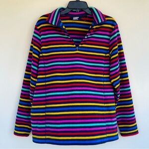 Lands' End Women's Navy Multi Rainbow Stripes Fleece Quarter Zip Pullover; L